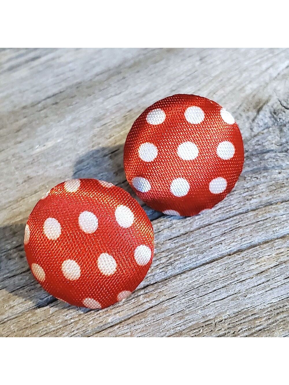 Polka Dot Red White Pretty Woman Round Silk Blend Fabric Button Earrings